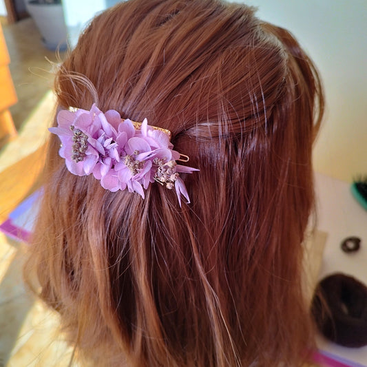 "Brume Florale"Barrette fleurs séchées mariage – violettes & Doré Élégant 💜