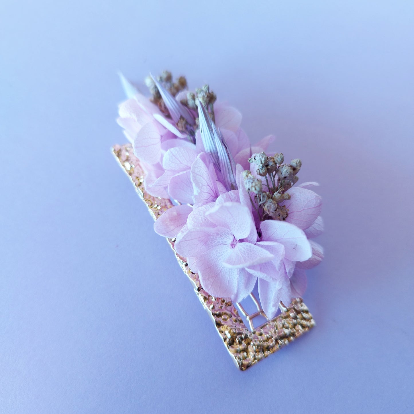 "Brume Florale"Barrette fleurs séchées mariage – violettes & Doré Élégant 💜