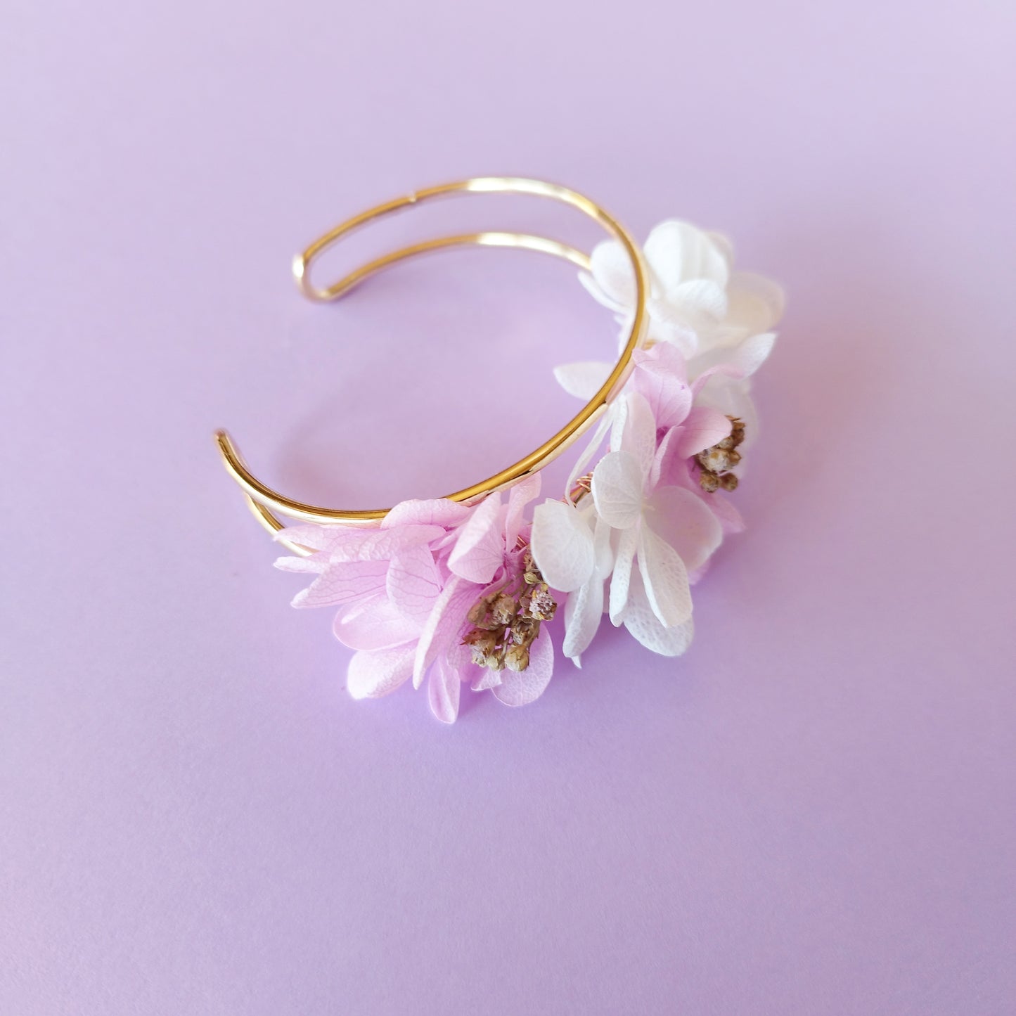 "Brume Florale"Bracelet Fleuri fleurs séchées mariage – Jonc Doré &violet 💜