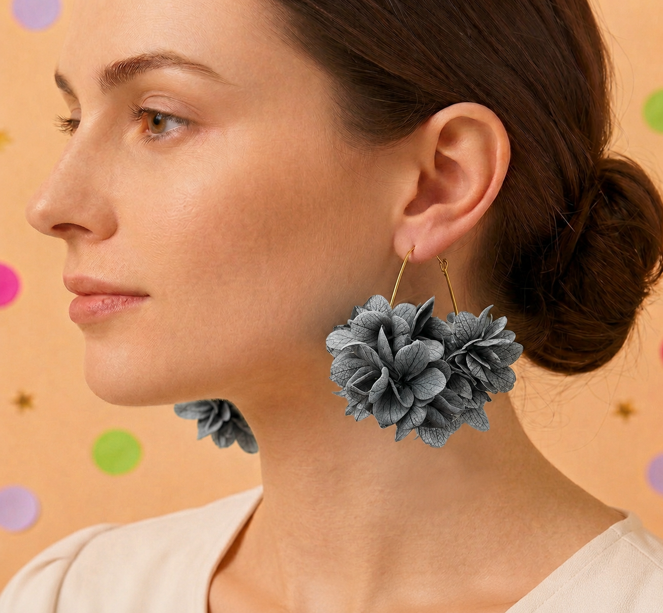Créoles Goutte Mariage Hortensia en Laiton | Gris Anthracite