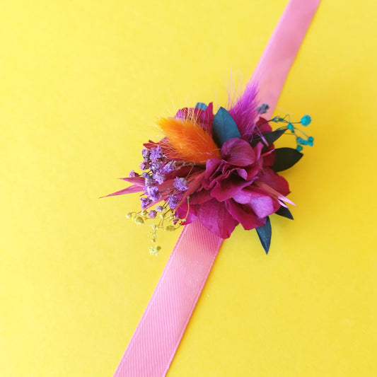 "Harmonie Fuchsia" Bracelet ruban fleurs séchées mariage– Explosion de Couleurs Naturelles 🌸
