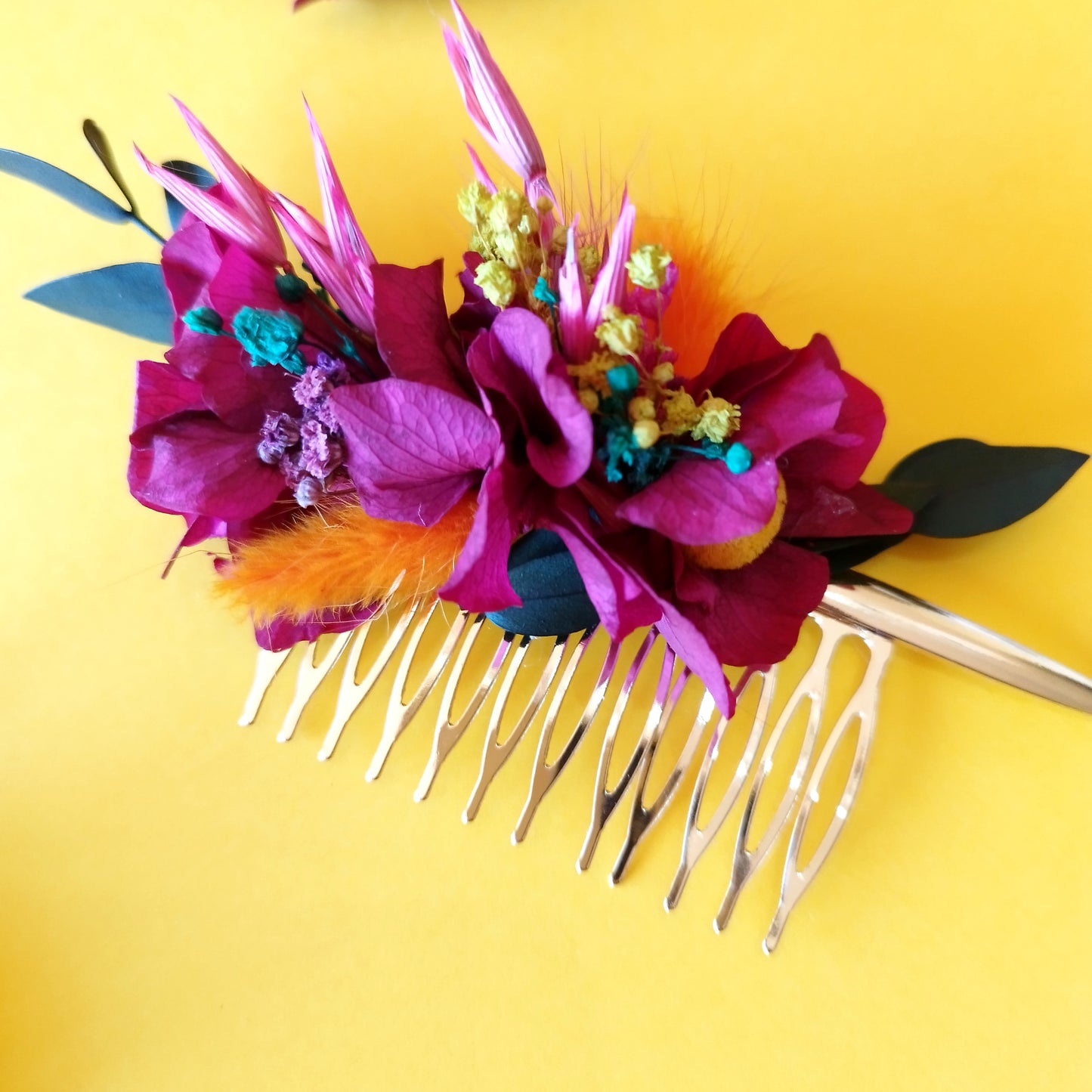 "Harmonie Fuchsia" Peigne de Mariée fleurs séchées mariage– Touche Raffinée et Naturelle 🌸