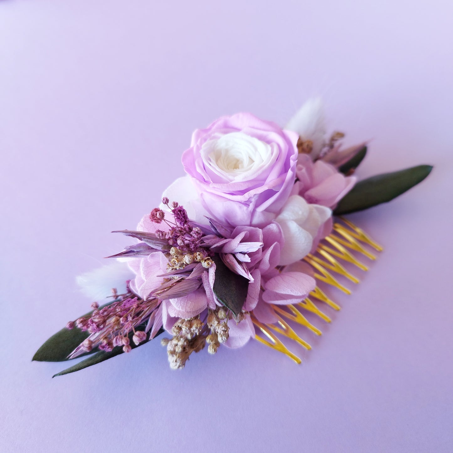 "Brume Florale" Peigne Floral fleurs séchées mariage– Élégance Naturelleviolet et rose 💜