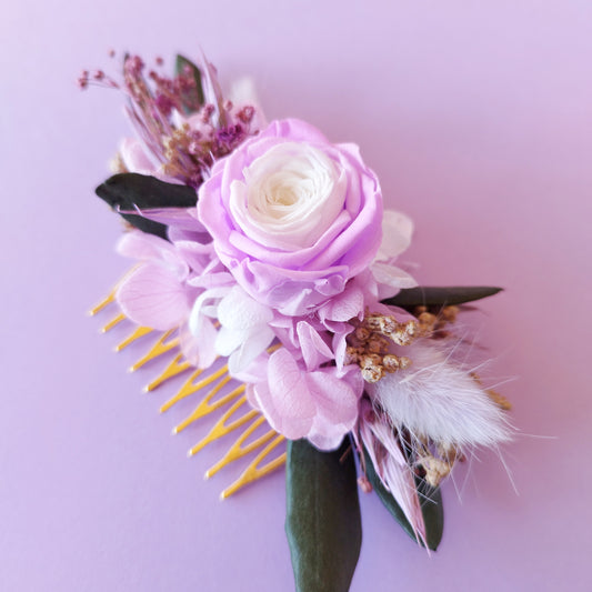 "Brume Florale" Peigne Floral fleurs séchées mariage– Élégance Naturelleviolet et rose 💜