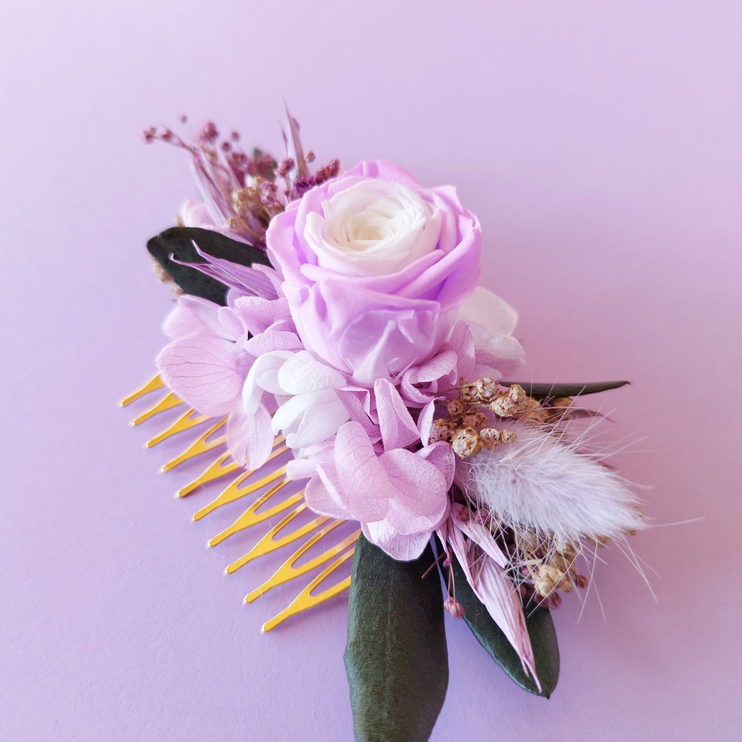 "Brume Florale" Peigne Floral fleurs séchées mariage– Élégance Naturelleviolet et rose 💜