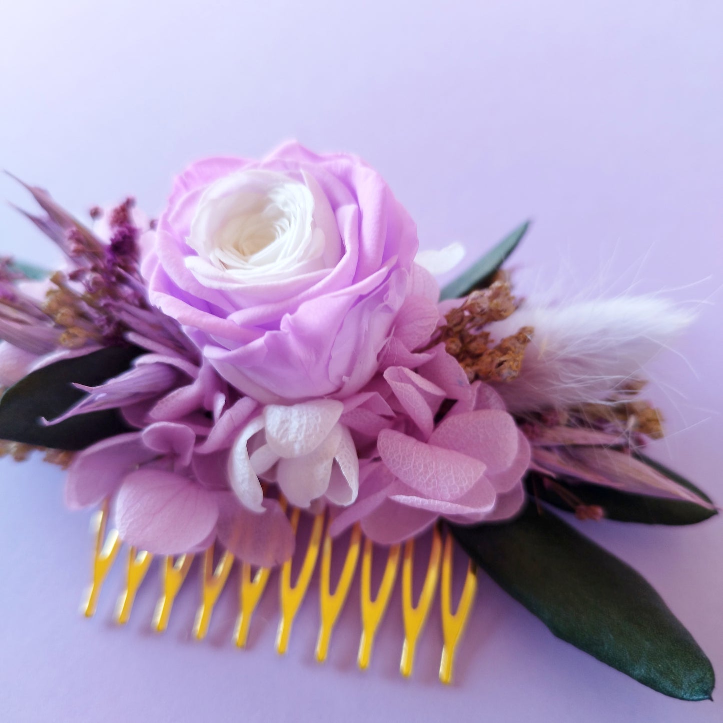 "Brume Florale" Peigne Floral fleurs séchées mariage– Élégance Naturelleviolet et rose 💜