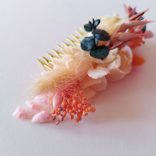 "Éclats Solaires" Peigne Floral fleurs séchées mariage– Rose, Orange & Pêche 🌞