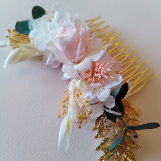 "Élégance"Peigne Floral fleurs séchées mariage – Rose & Doré 🌸