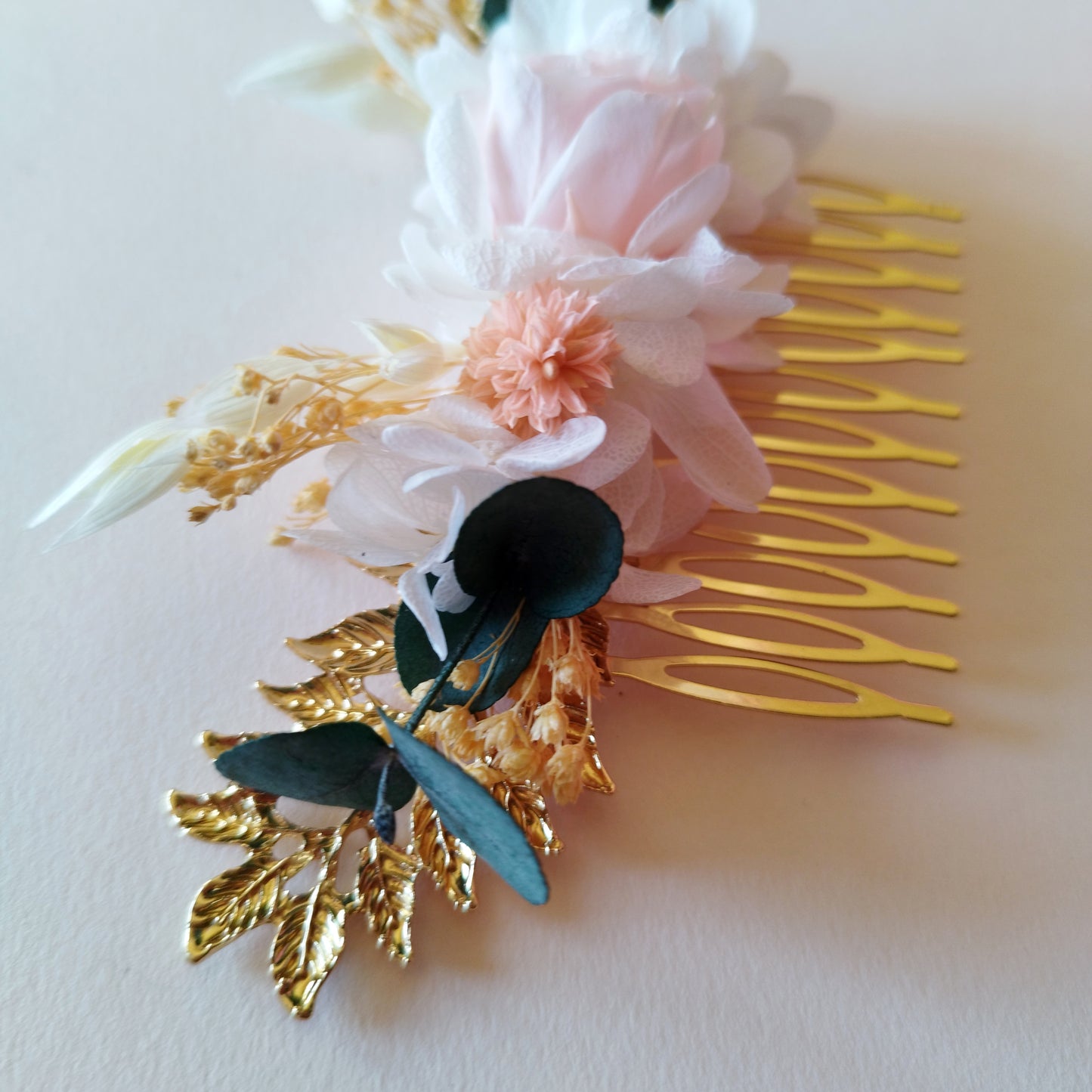 "Élégance"Peigne Floral fleurs séchées mariage – Rose & Doré 🌸