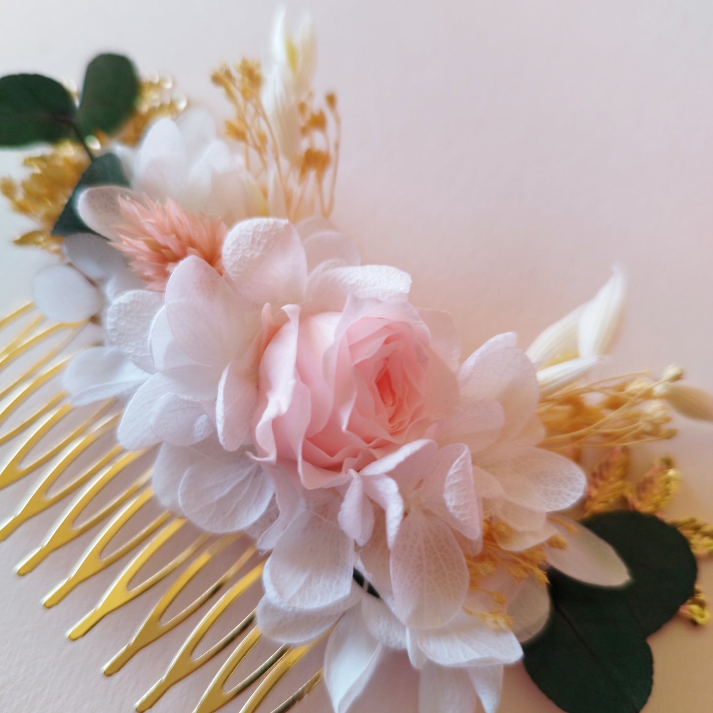 "Élégance"Peigne Floral fleurs séchées mariage – Rose & Doré 🌸