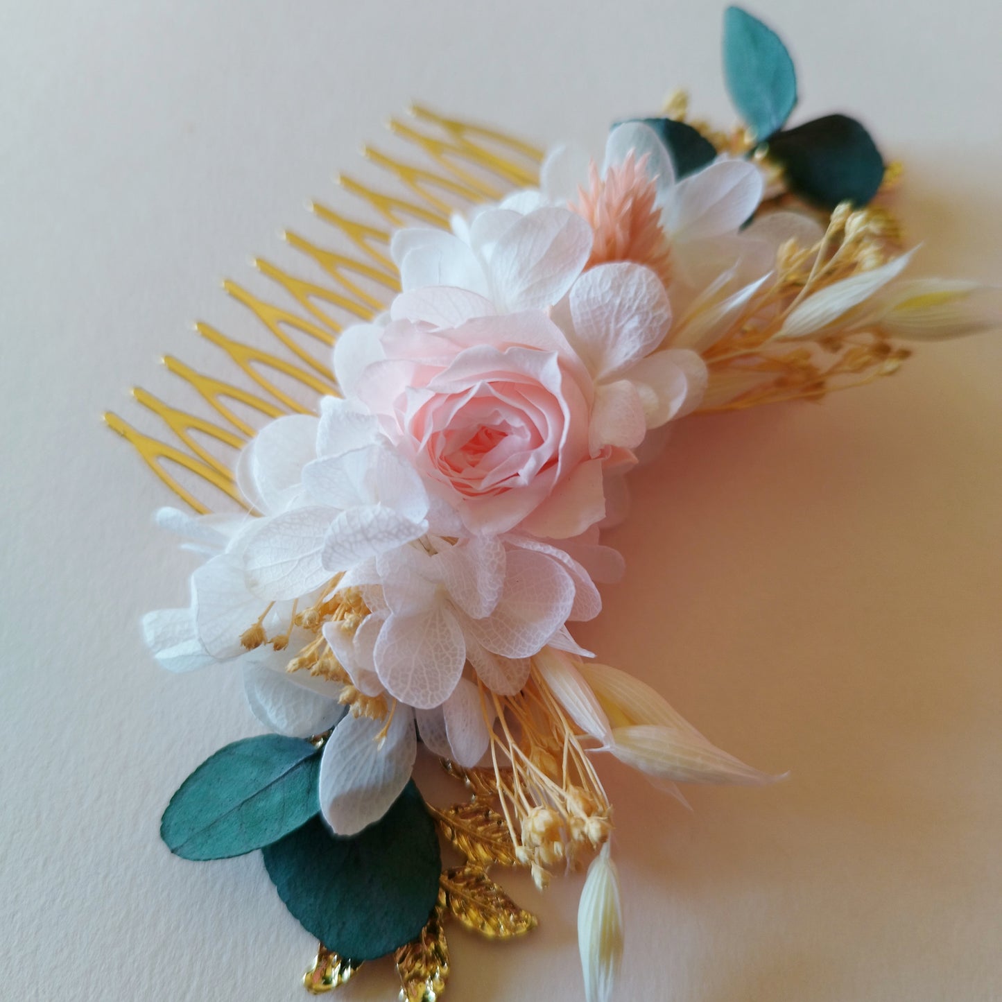 "Élégance"Peigne Floral fleurs séchées mariage – Rose & Doré 🌸