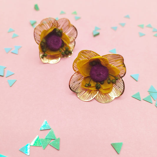 😉Flirt au premier regard-Puces d’oreilles dorées fleurs séchées