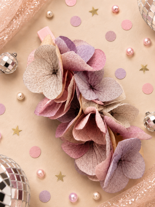 Barrette crocodile 7cm en hortensia stabilise rose nude vieux rose et lilas pour coiffure de mariage