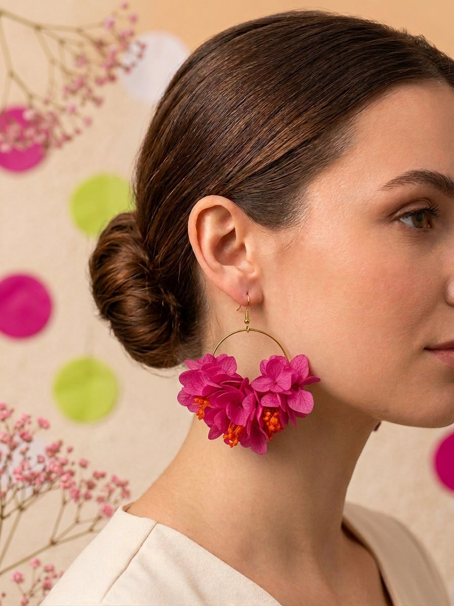 Boucles d'Oreilles Mariage Hortensia Fuchsia & Orange | Créoles Fleurs