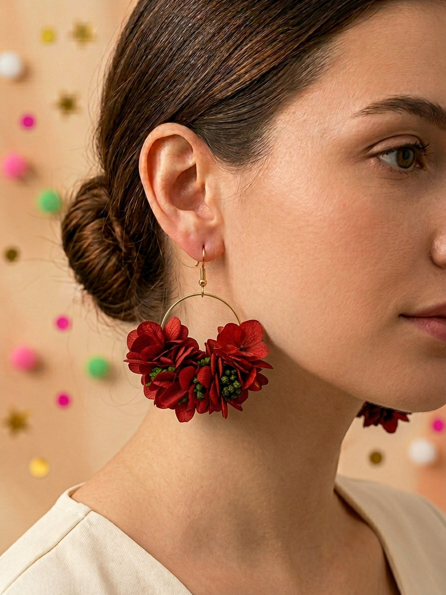 Boucles d'Oreilles Mariage Hortensia Rouge Passion & Vert Foncé | Créoles Fleurs