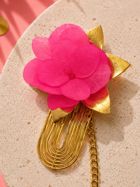 Boucles d'oreilles modulables mariage en hortensia stabilisé rose fuchsia et acier inoxydable doré
