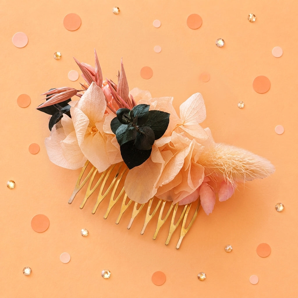 Coffret Mariés « Rose Pêche » — Peigne, Créoles et Boutonnière en Fleurs Séchées