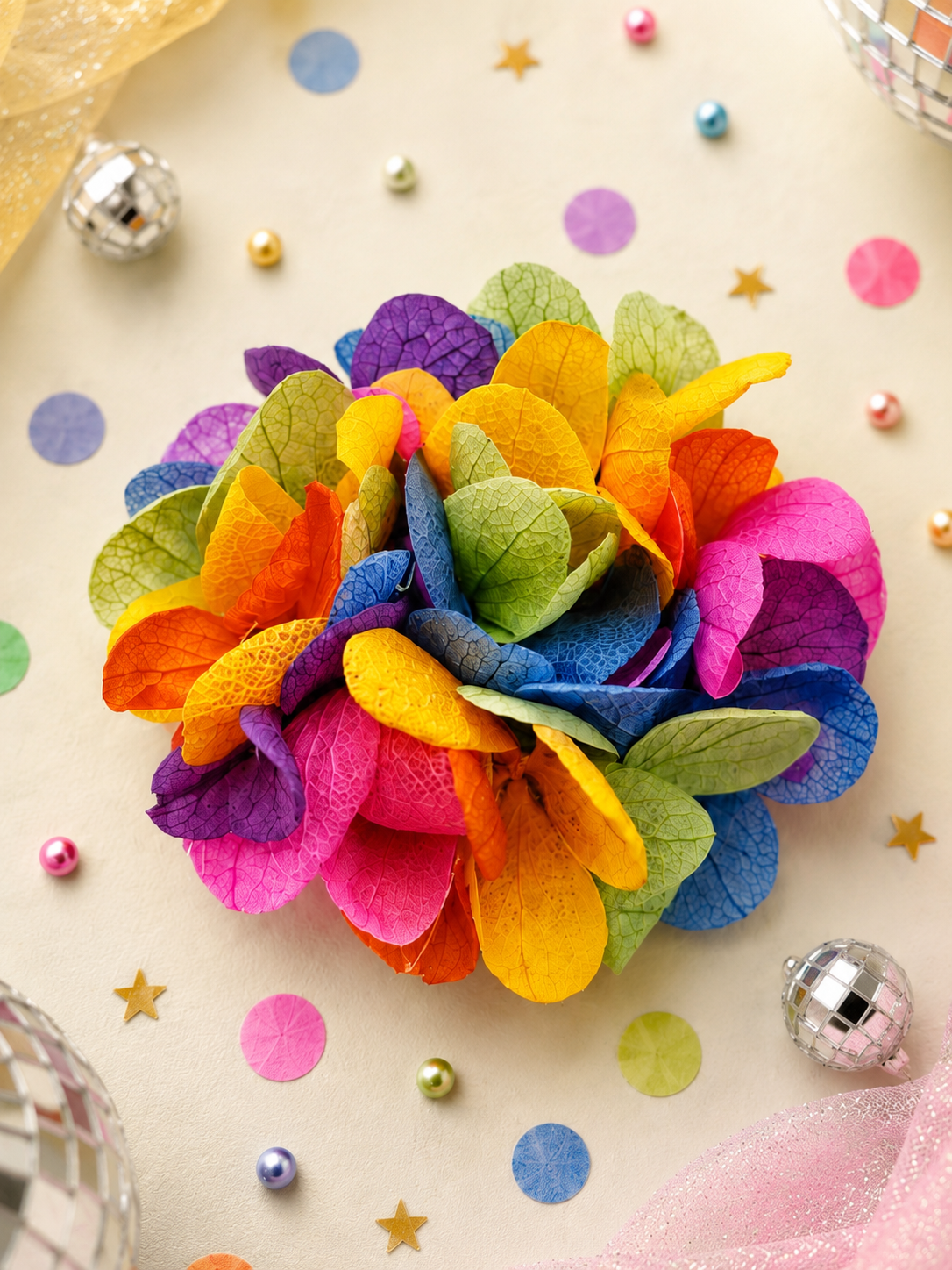 Barrette crocodile ronde 5cm en hortensia stabilise multicolore arc en ciel pour coiffure de mariage