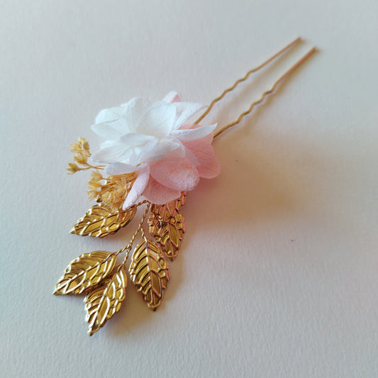 "Élégance"Trois piques à Chignon fleurs séchées mariage – Rose, Doré & Feuilles Métalliques 🌸