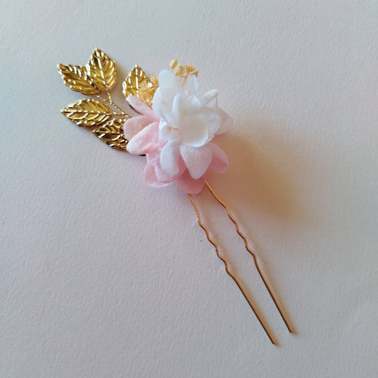 "Élégance" Pique à Chignon fleurs séchées mariage– Rose, Doré & Feuilles Métalliques 🌸