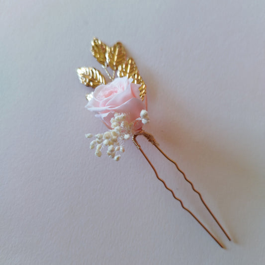 "Élégance"Pique à Chignon fleurs séchées mariage – Rose, Doré & Feuilles Métalliques 🌸