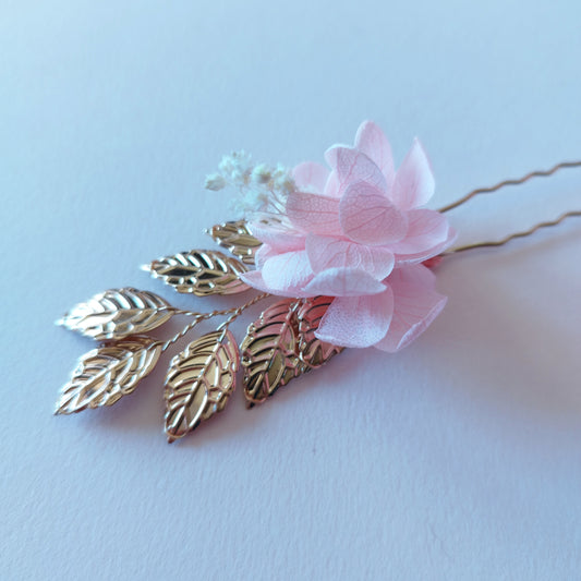 "Élégance" Pique à Chignon fleurs séchées mariage – Rose, Doré & Feuilles Métalliques 🌸