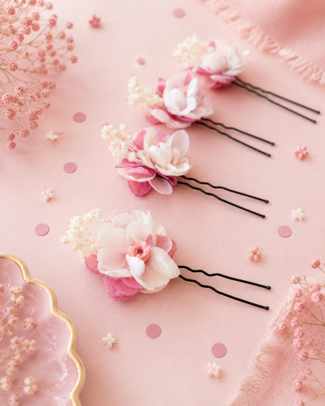 Piques a chignon de mariage avec fleurs sechees et hortensia stabilise teintes blanc et rose poudre