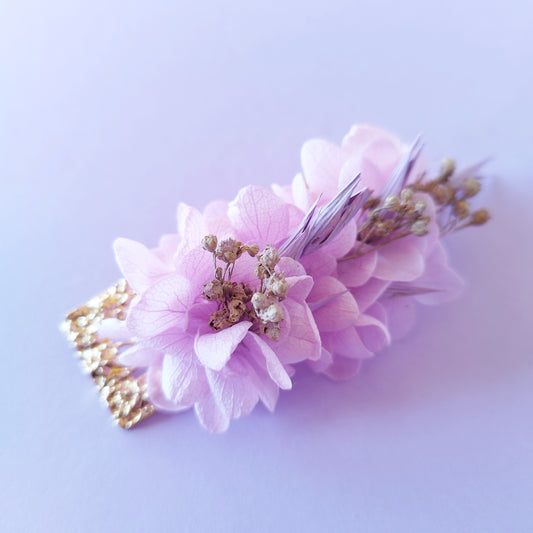 "Brume Florale"Barrette fleurs séchées mariage – violettes & Doré Élégant 💜