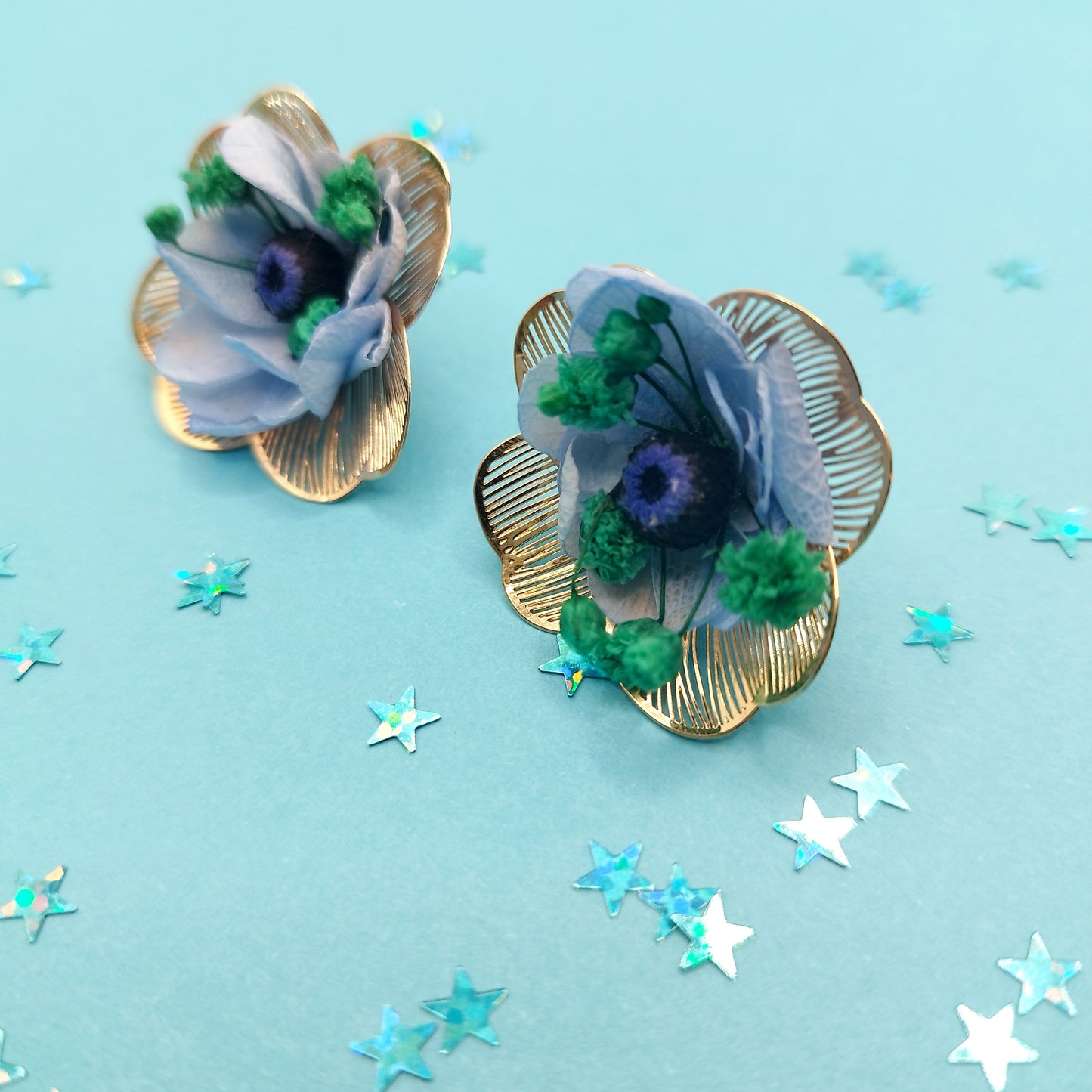 💓Le coup de cœur -Puces d’oreilles dorées fleurs séchées