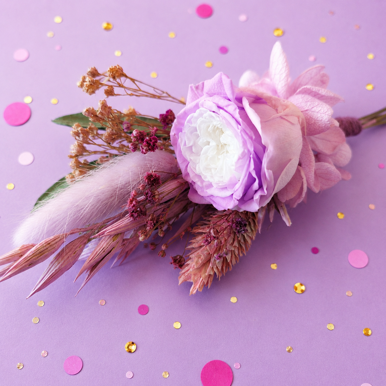 Boutonniere mariage mini bouquet premium avec rose stabilisee lavande hortensia lilas et fleurs sechees