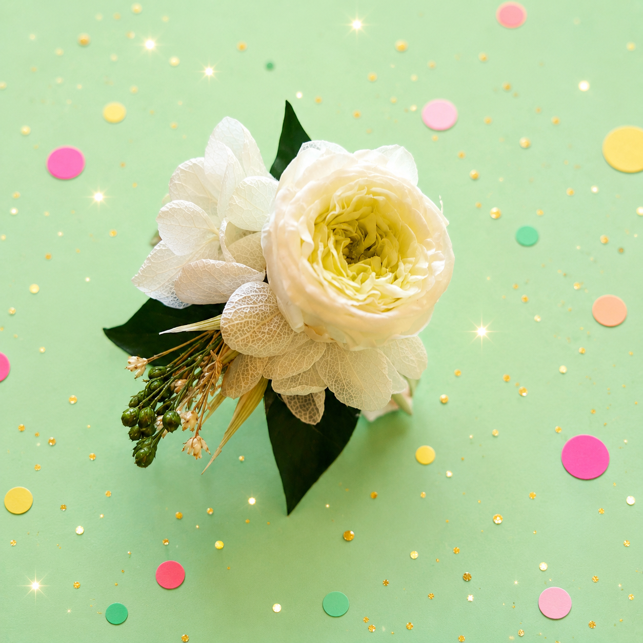 Bracelet jonc martele dore avec rose et hortensia stabilises blanc ivoire et feuillage vert pour mariage