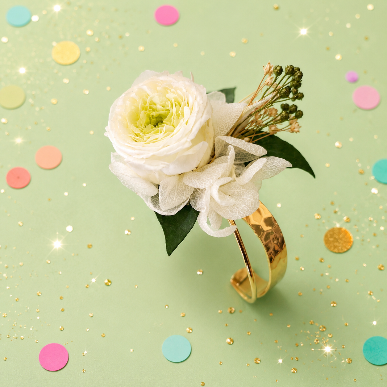 Bracelet jonc martele dore avec rose et hortensia stabilises blanc ivoire et feuillage vert pour mariage