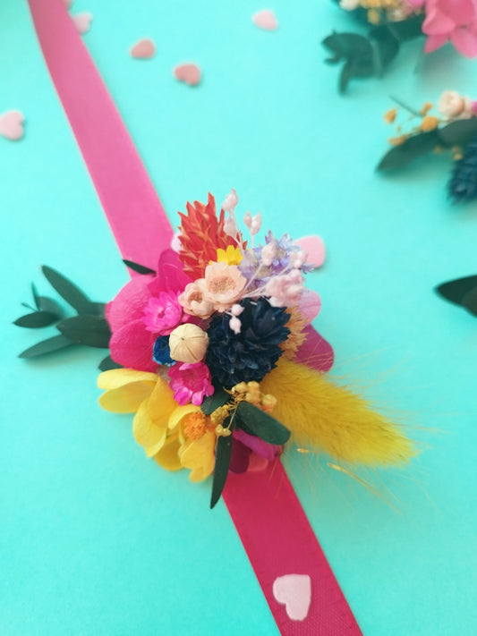 "Vincianne" Bracelet ruban fleurs séchées mariage– Couleurs Vives et Rose Foncé 🌟
