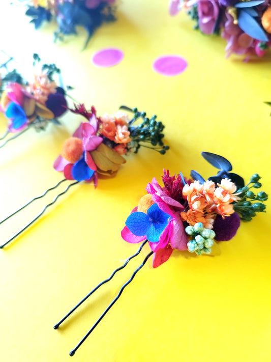"Florence " 4 Piques à Chignon fleurs séchées mariage Multicolor