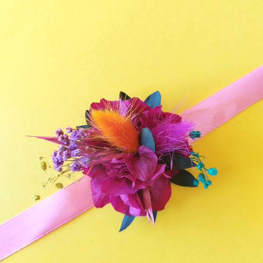 "Harmonie Fuchsia" Bracelet ruban fleurs séchées mariage– Explosion de Couleurs Naturelles 🌸