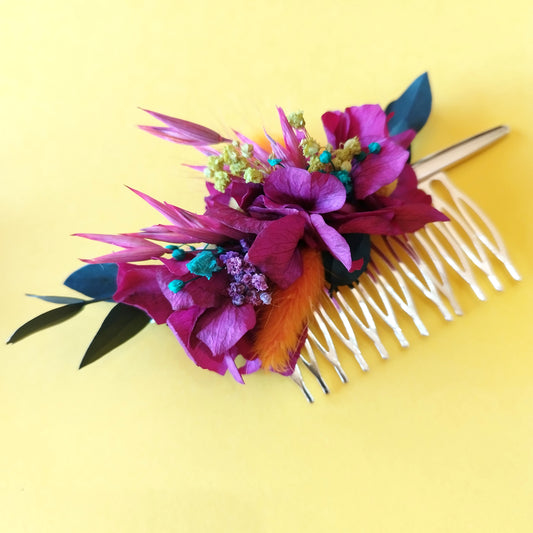 "Harmonie Fuchsia" Peigne de Mariée fleurs séchées mariage– Touche Raffinée et Naturelle 🌸