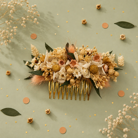 Peigne de mariage dore avec fleurs sechees et stabilisees aux teintes nude creme peche et feuillage vert