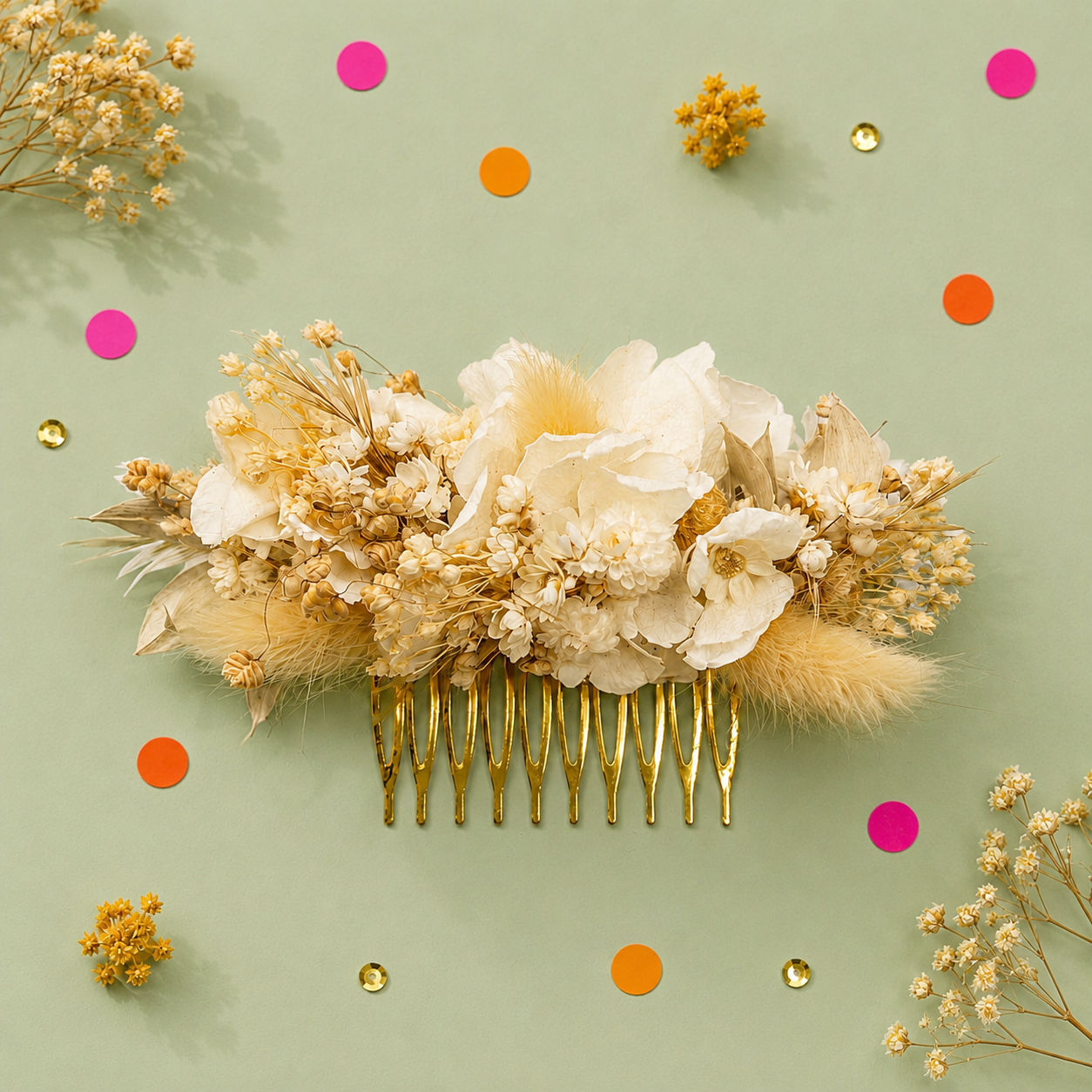 Peigne de mariage dore avec fleurs sechees et stabilisees aux teintes blanc pur ivoire et champagne