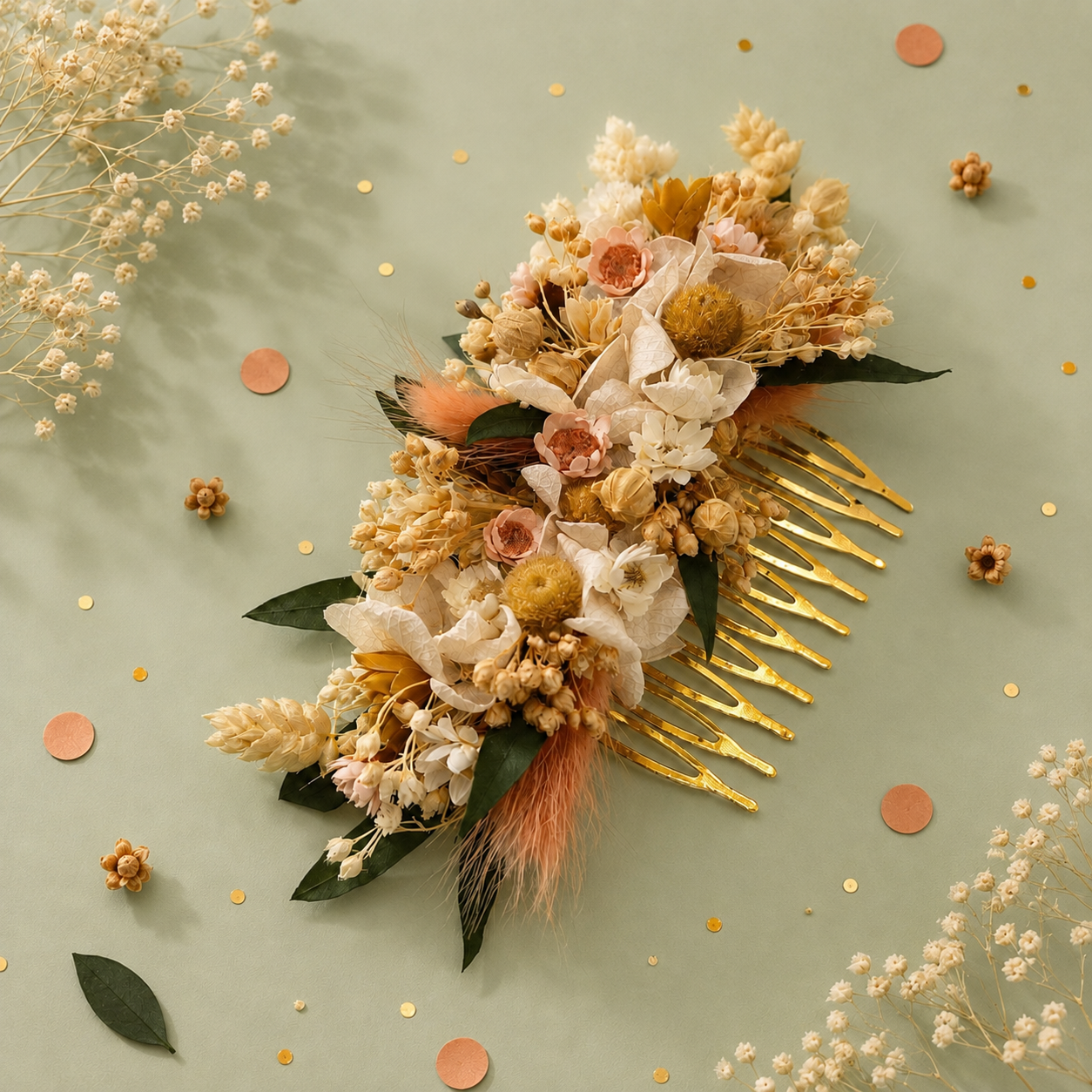Peigne de mariage dore avec fleurs sechees et stabilisees aux teintes nude creme peche et feuillage vert