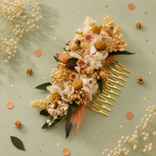 Peigne de mariage dore avec fleurs sechees et stabilisees aux teintes nude creme peche et feuillage vert