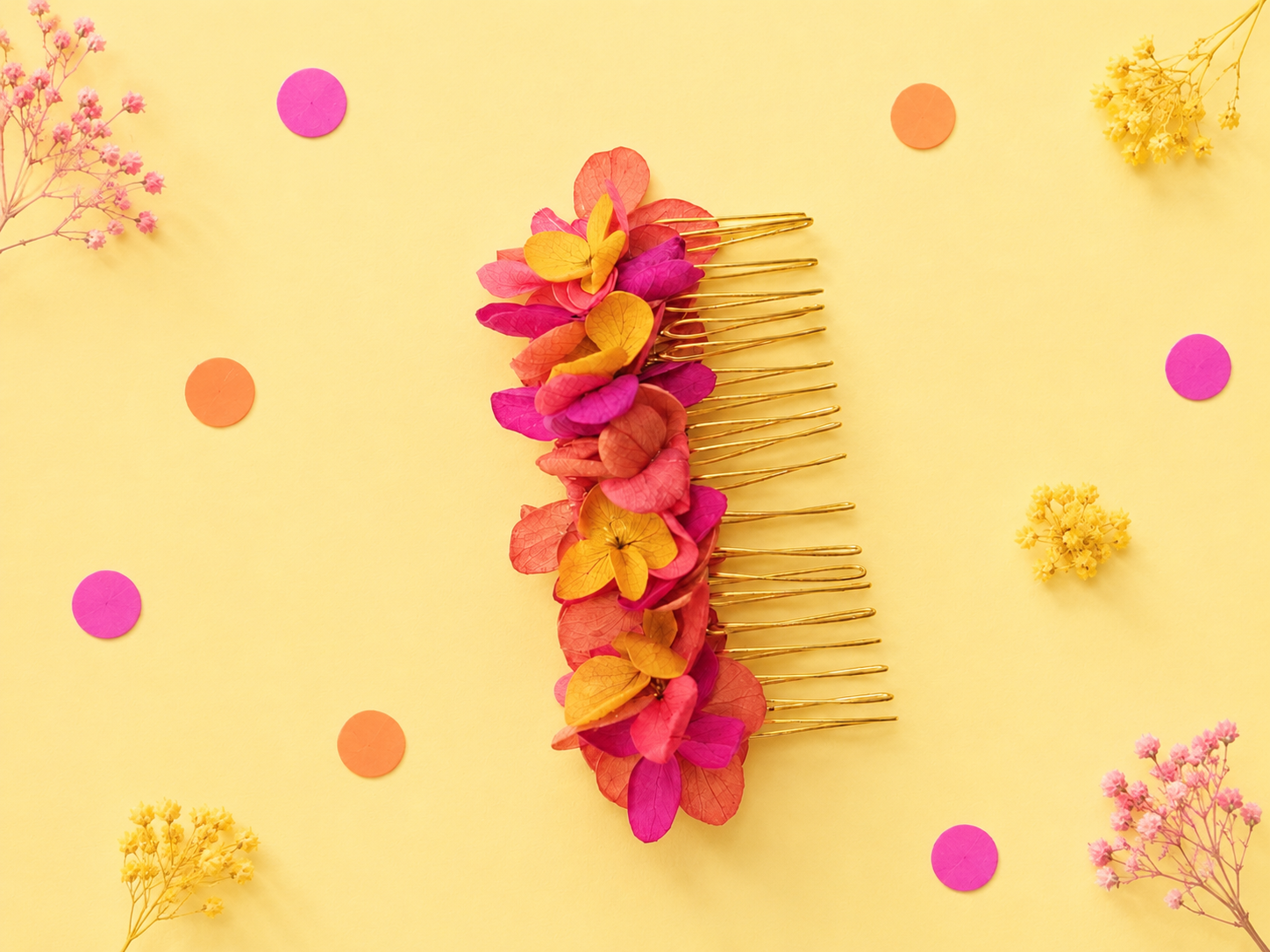 Peigne de mariage dore avec fleurs d hortensia stabilise teintes fuchsia orange et rose peche