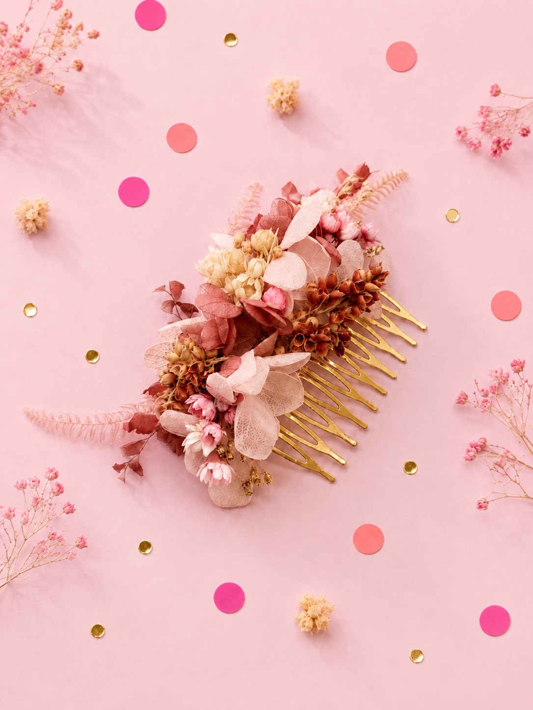 Peigne de mariage dore avec fleurs sechees et stabilisees aux teintes rose poudre vieux rose et terracotta