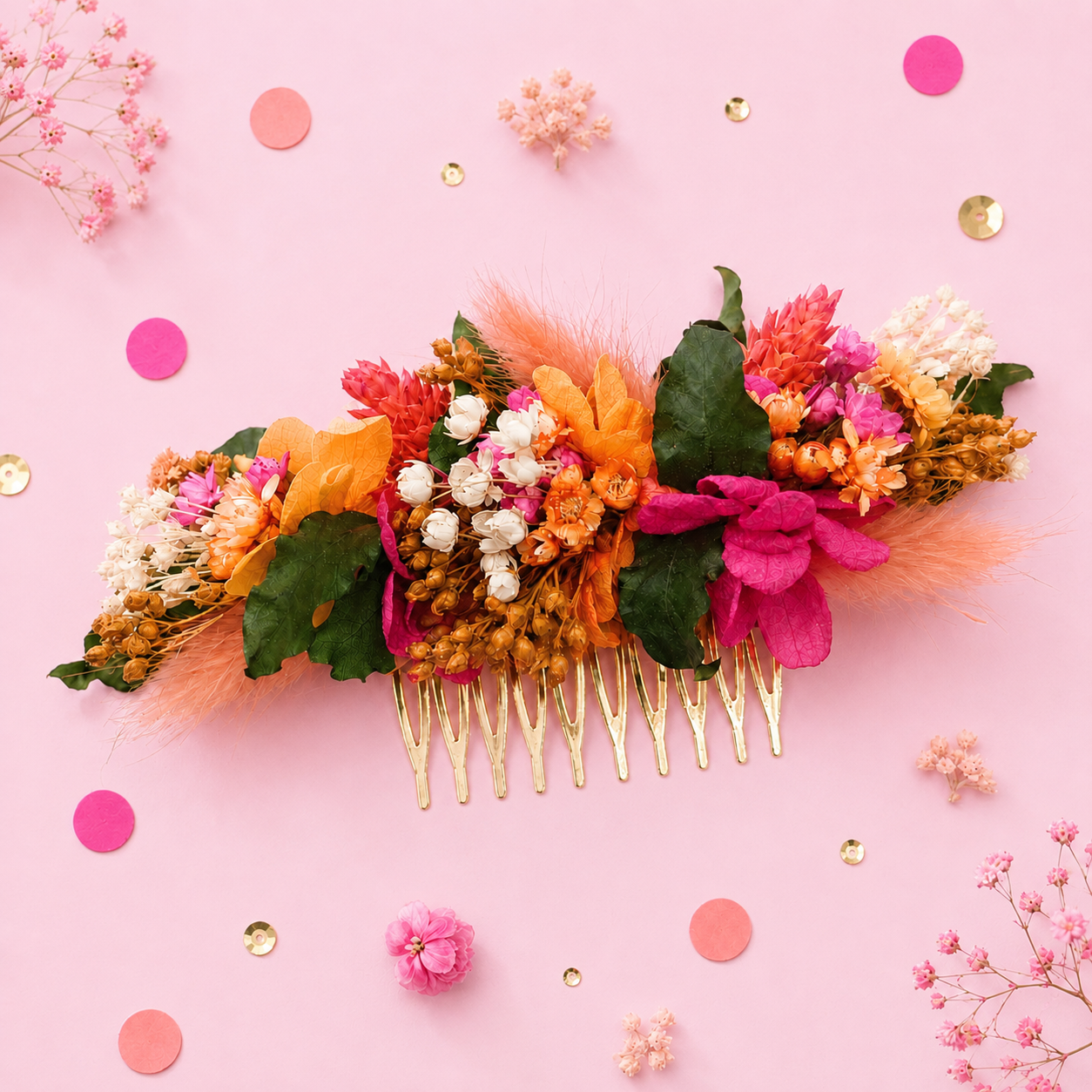 Peigne de mariage dore avec fleurs sechees et stabilisees aux teintes fuchsia orange jaune moutarde et rouge
