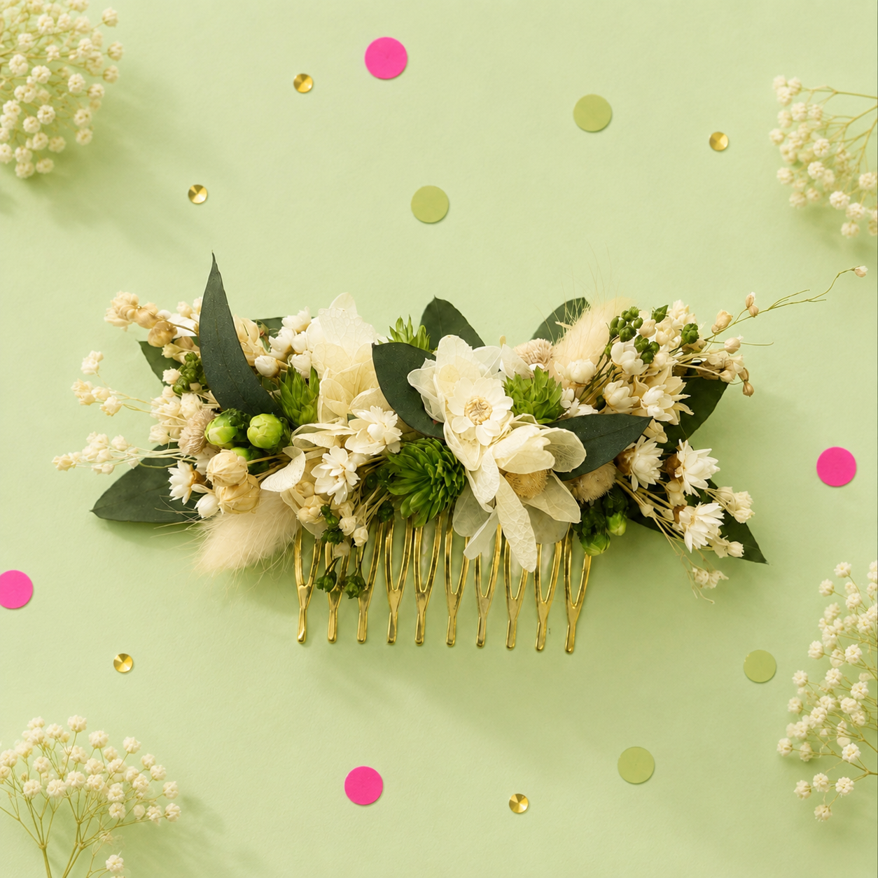 Peigne de mariage dore avec fleurs sechees et stabilisees aux teintes blanc ivoire creme et feuillage vert