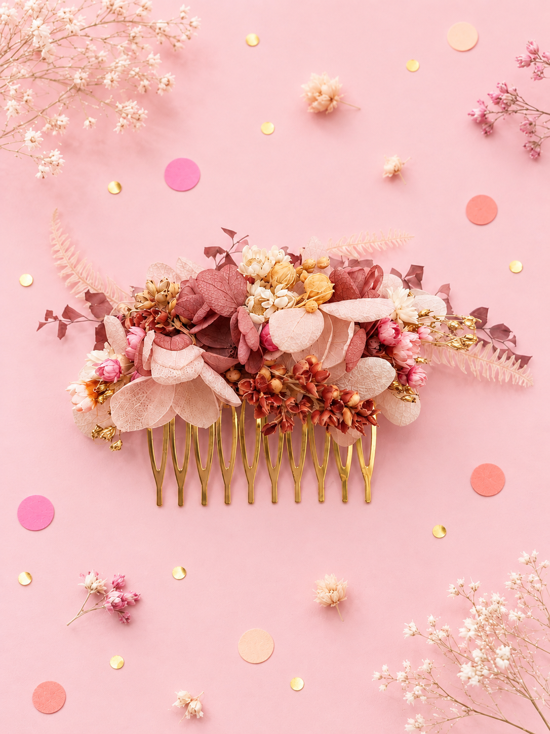 Peigne de mariage dore avec fleurs sechees et stabilisees aux teintes rose poudre vieux rose et terracotta