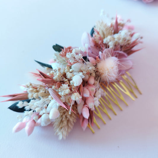 "Rosée de Tendresse" Peigne Floral fleurs séchées mariage– Élégance Rose & Blanc 🌸