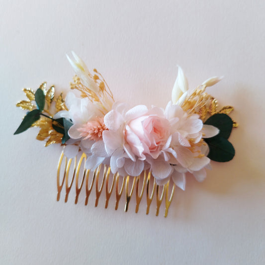 "Élégance"Peigne Floral fleurs séchées mariage – Rose & Doré 🌸