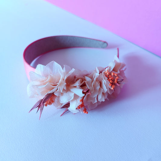 "Éclats Solaires"Serre-Tête fleurs séchées mariage – Rose, Orange & Pêche 🌞