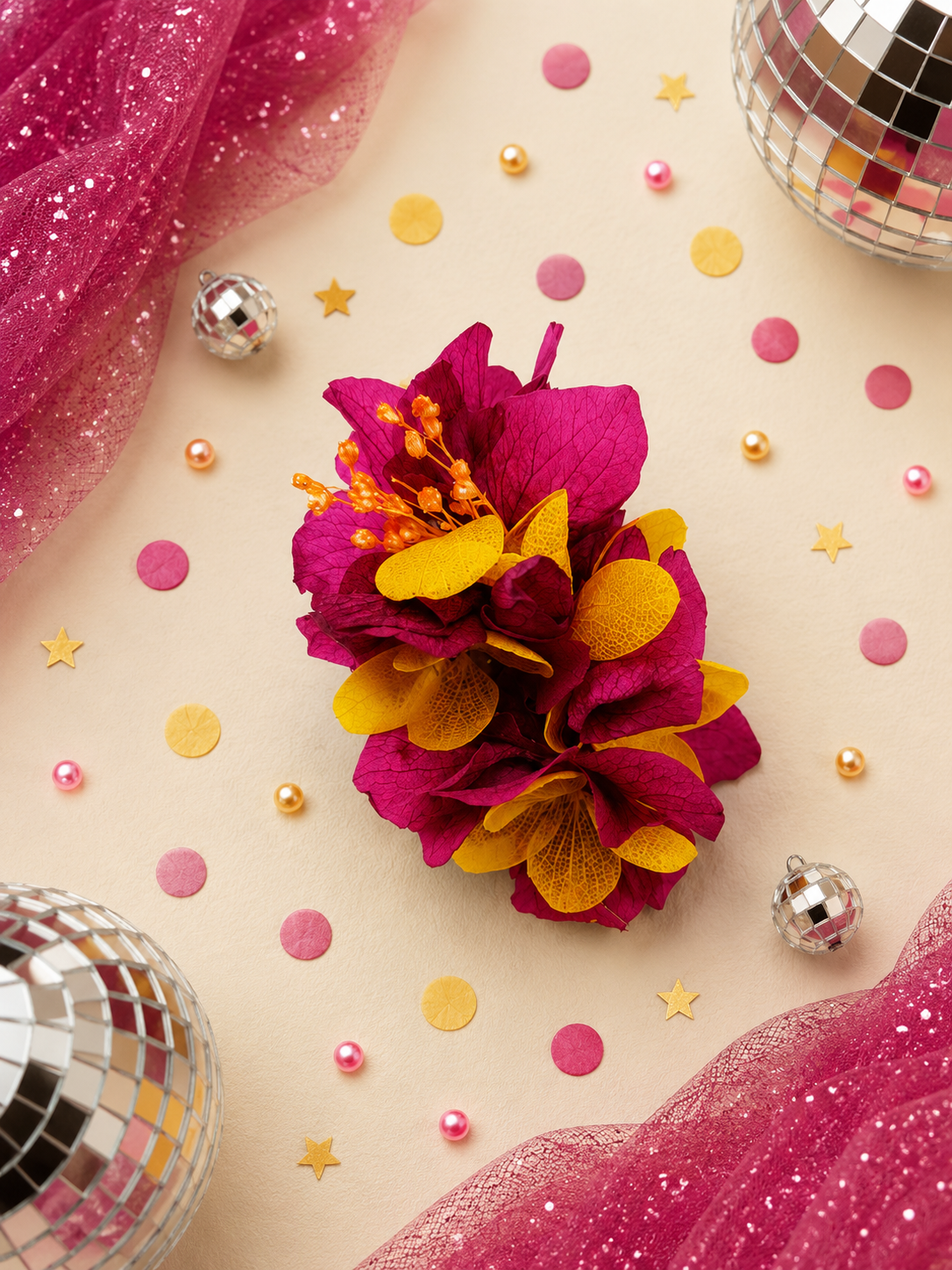 Barrette crocodile 7cm en hortensia stabilise fuchsia moutarde et baies orange pour coiffure de mariage