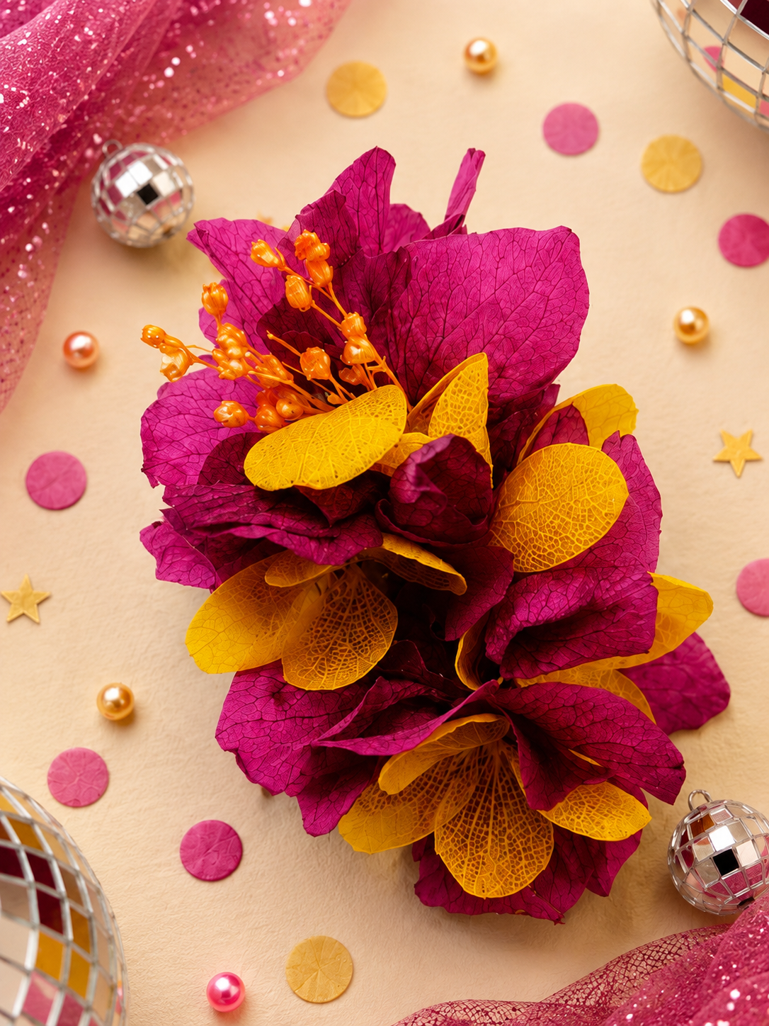 Barrette crocodile 7cm en hortensia stabilise fuchsia moutarde et baies orange pour coiffure de mariage